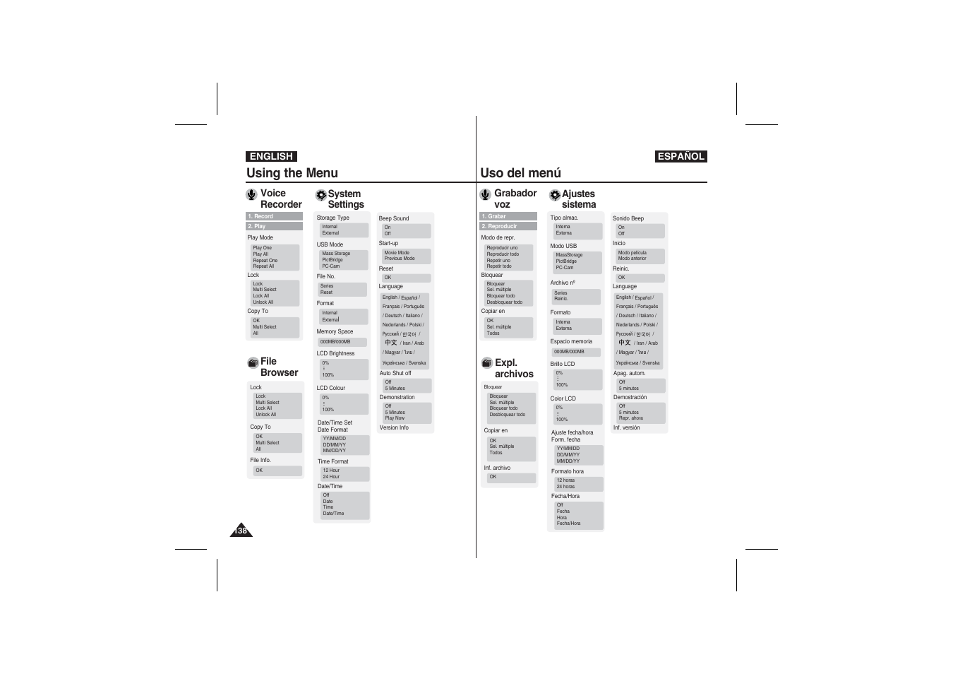 Using the menu, Uso del menú, Voice recorder | File browser, System settings, Grabador voz, Expl. archivos, Ajustes sistema | Samsung VP-X210L User Manual | Page 138 / 145