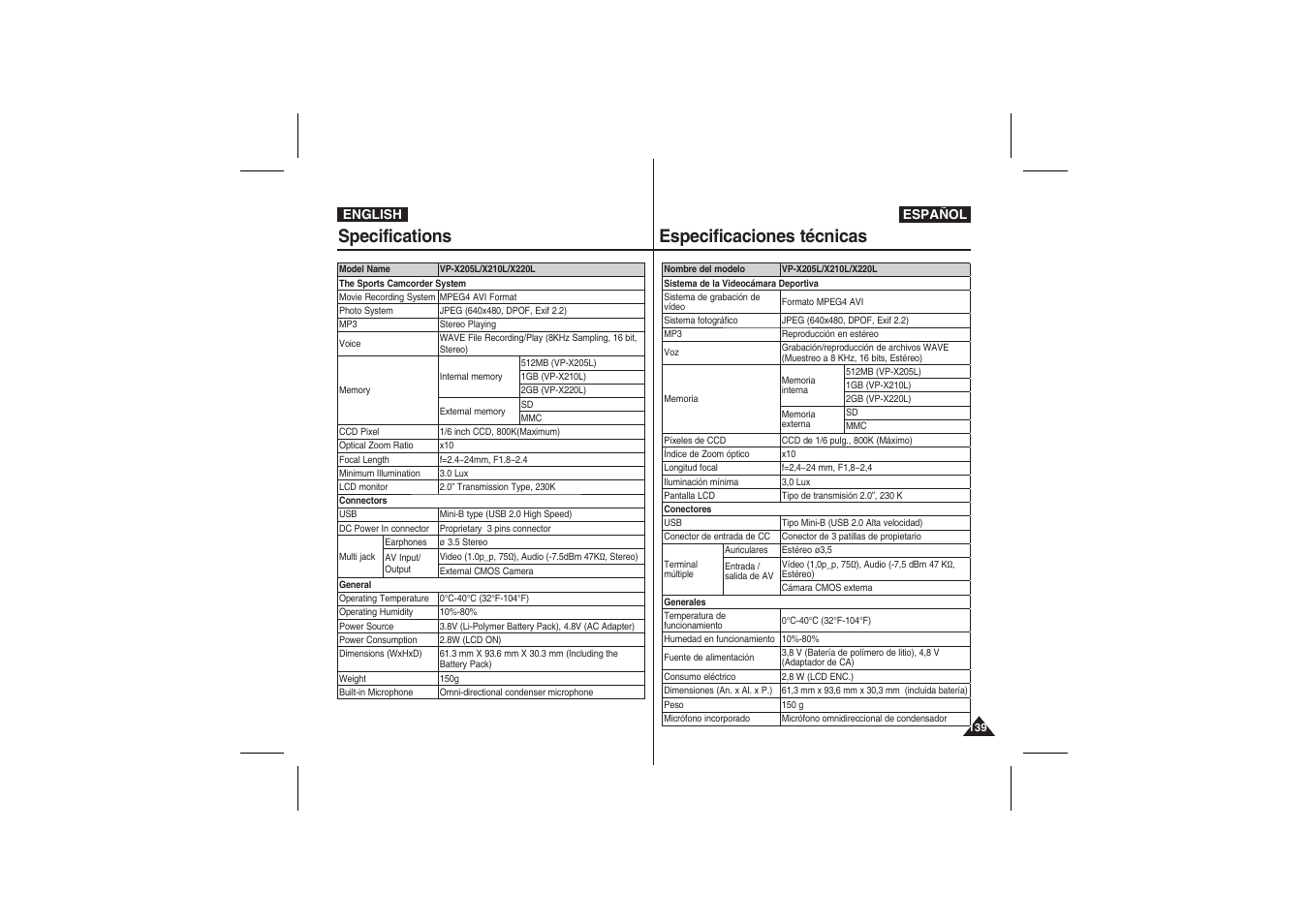 Specifications, Especificaciones técnicas | Samsung VP-X210L User Manual | Page 139 / 145