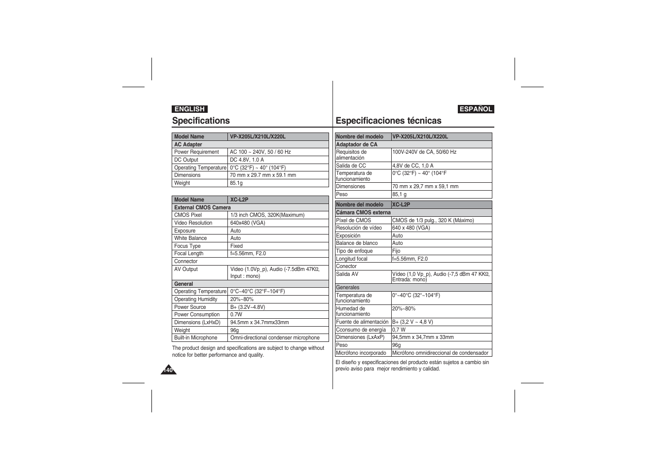 Specifications, Especificaciones técnicas | Samsung VP-X210L User Manual | Page 140 / 145