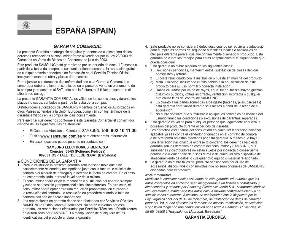 España (spain) | Samsung VP-X210L User Manual | Page 143 / 145