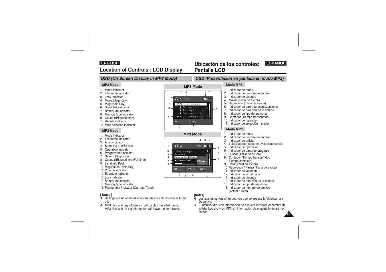 Location of controls : lcd display, Ubicación de los controles: pantalla lcd | Samsung VP-X210L User Manual | Page 19 / 145