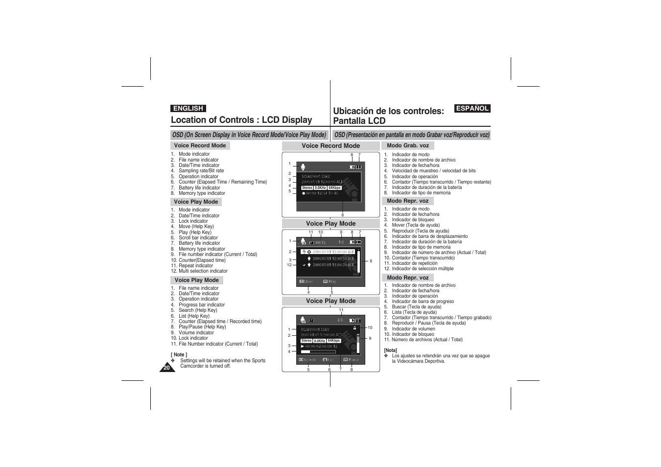 Location of controls : lcd display, Ubicación de los controles: pantalla lcd | Samsung VP-X210L User Manual | Page 20 / 145