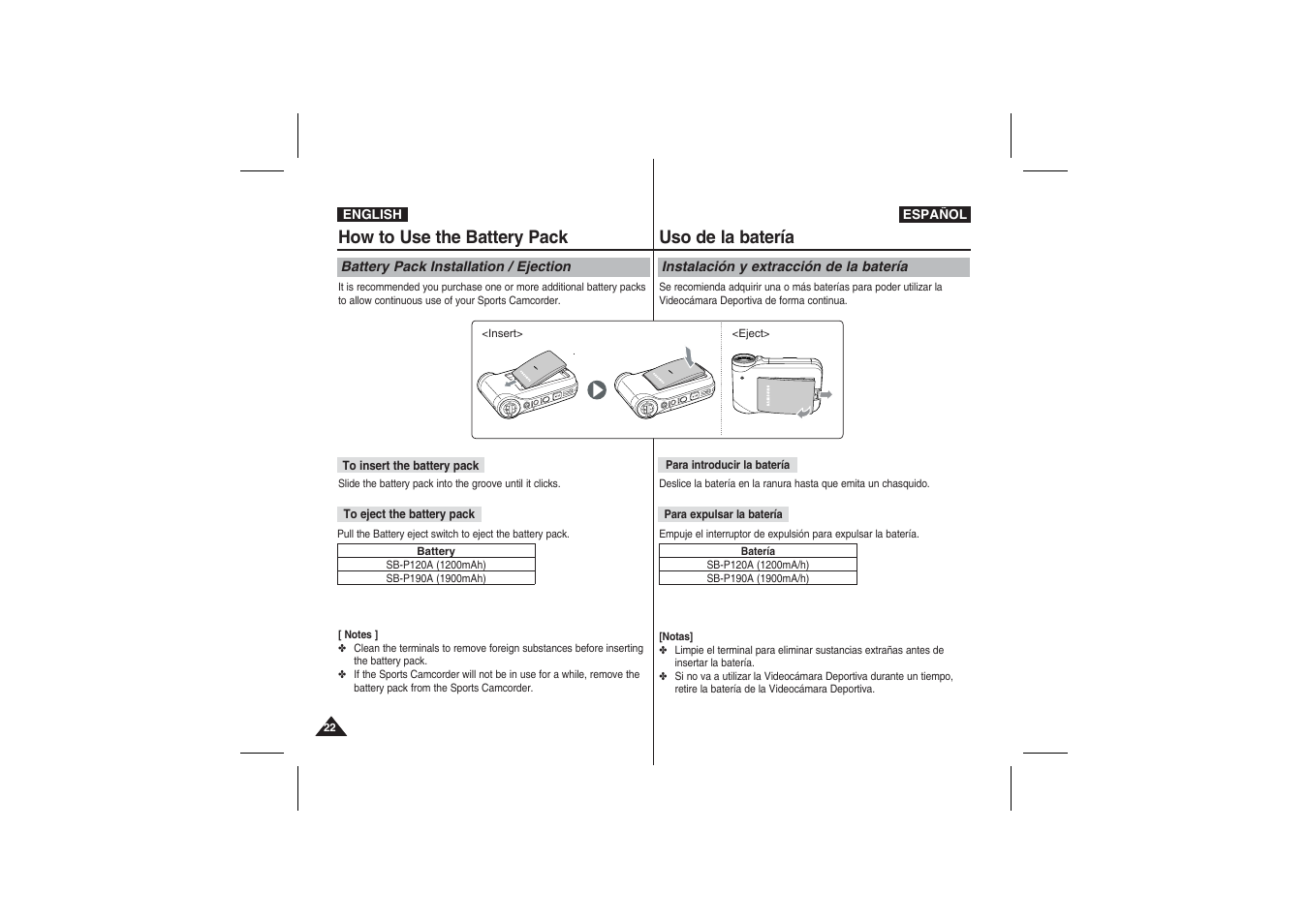 How to use the battery pack, Uso de la batería | Samsung VP-X210L User Manual | Page 22 / 145