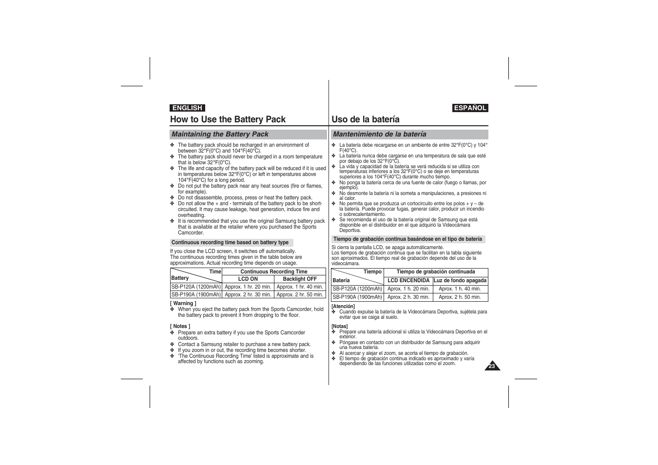 How to use the battery pack, Uso de la batería | Samsung VP-X210L User Manual | Page 23 / 145