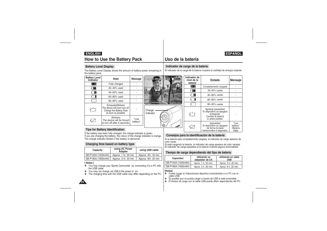 How to use the battery pack, Uso de la batería | Samsung VP-X210L User Manual | Page 24 / 145