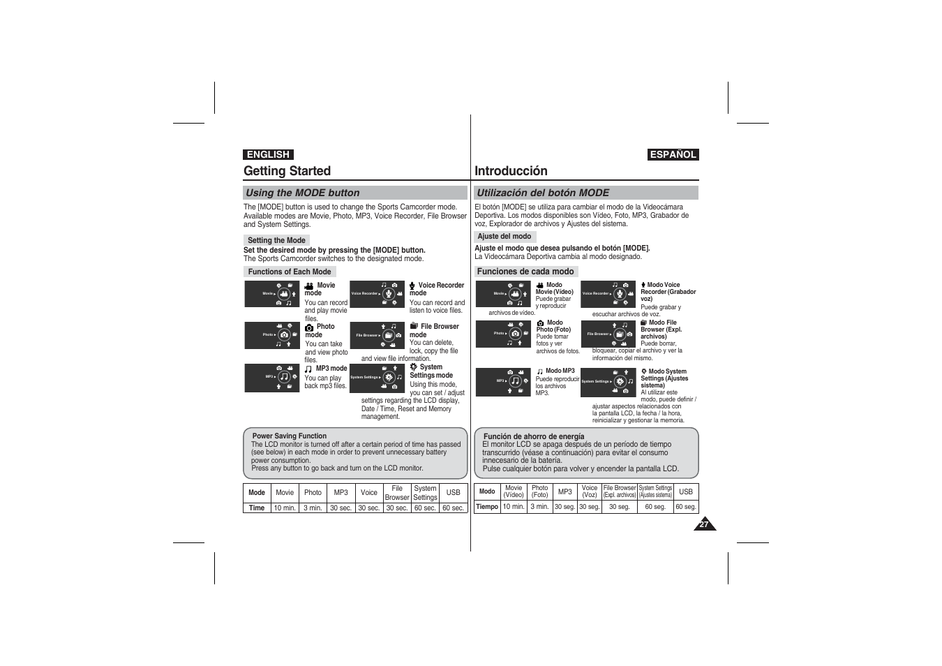 Getting started, Introducción | Samsung VP-X210L User Manual | Page 27 / 145