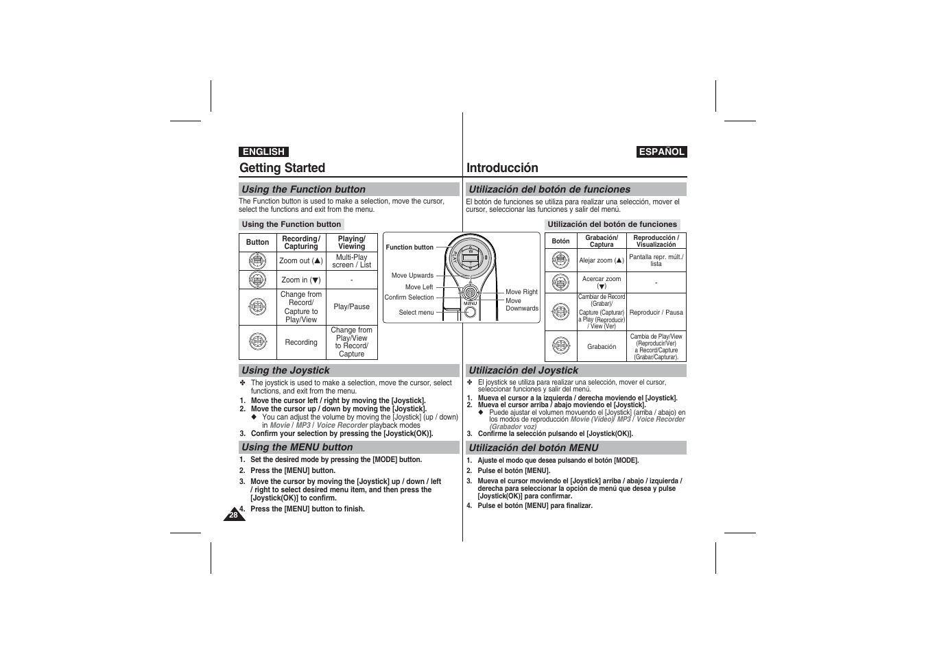 Getting started, Introducción | Samsung VP-X210L User Manual | Page 28 / 145