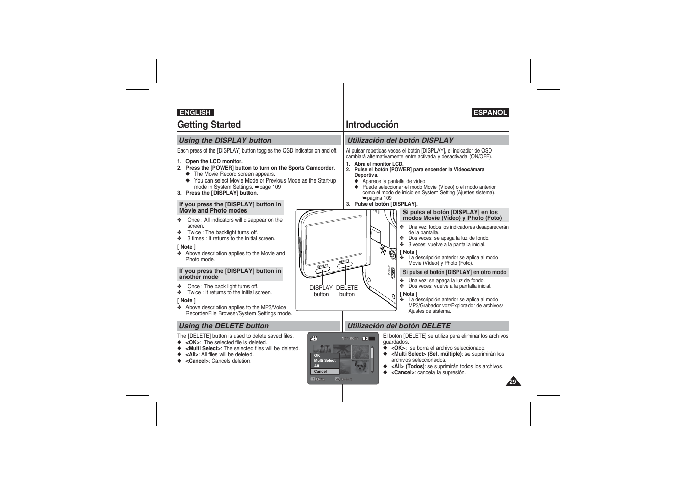 Getting started, Introducción | Samsung VP-X210L User Manual | Page 29 / 145