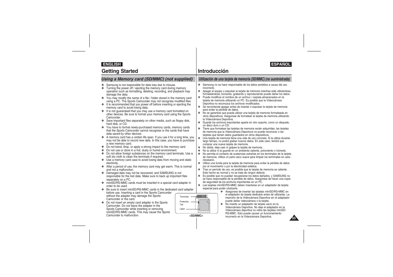 Getting started, Introducción | Samsung VP-X210L User Manual | Page 33 / 145