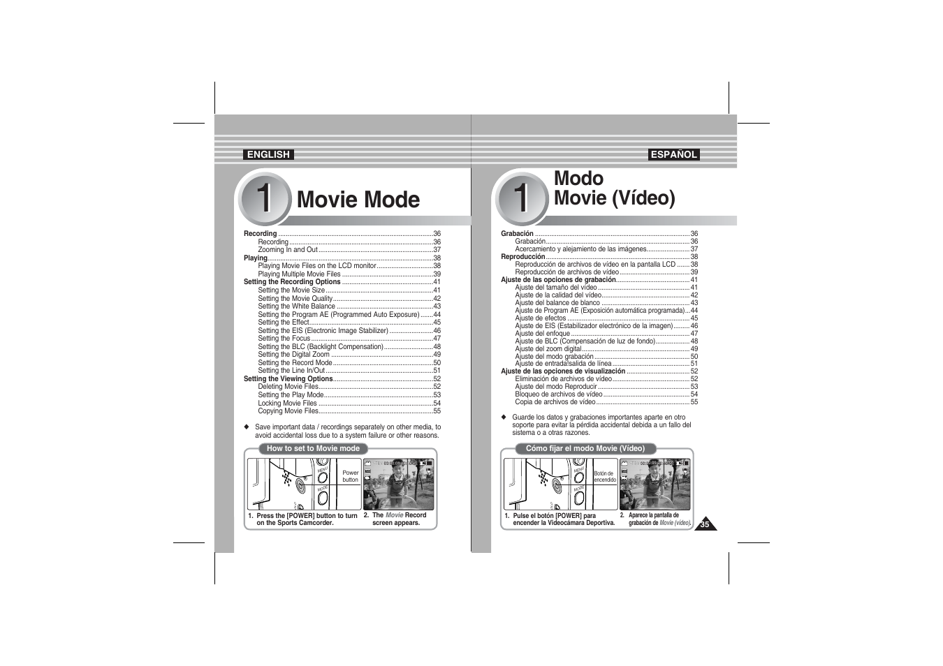 Movie mode, Modo movie (vídeo) | Samsung VP-X210L User Manual | Page 35 / 145