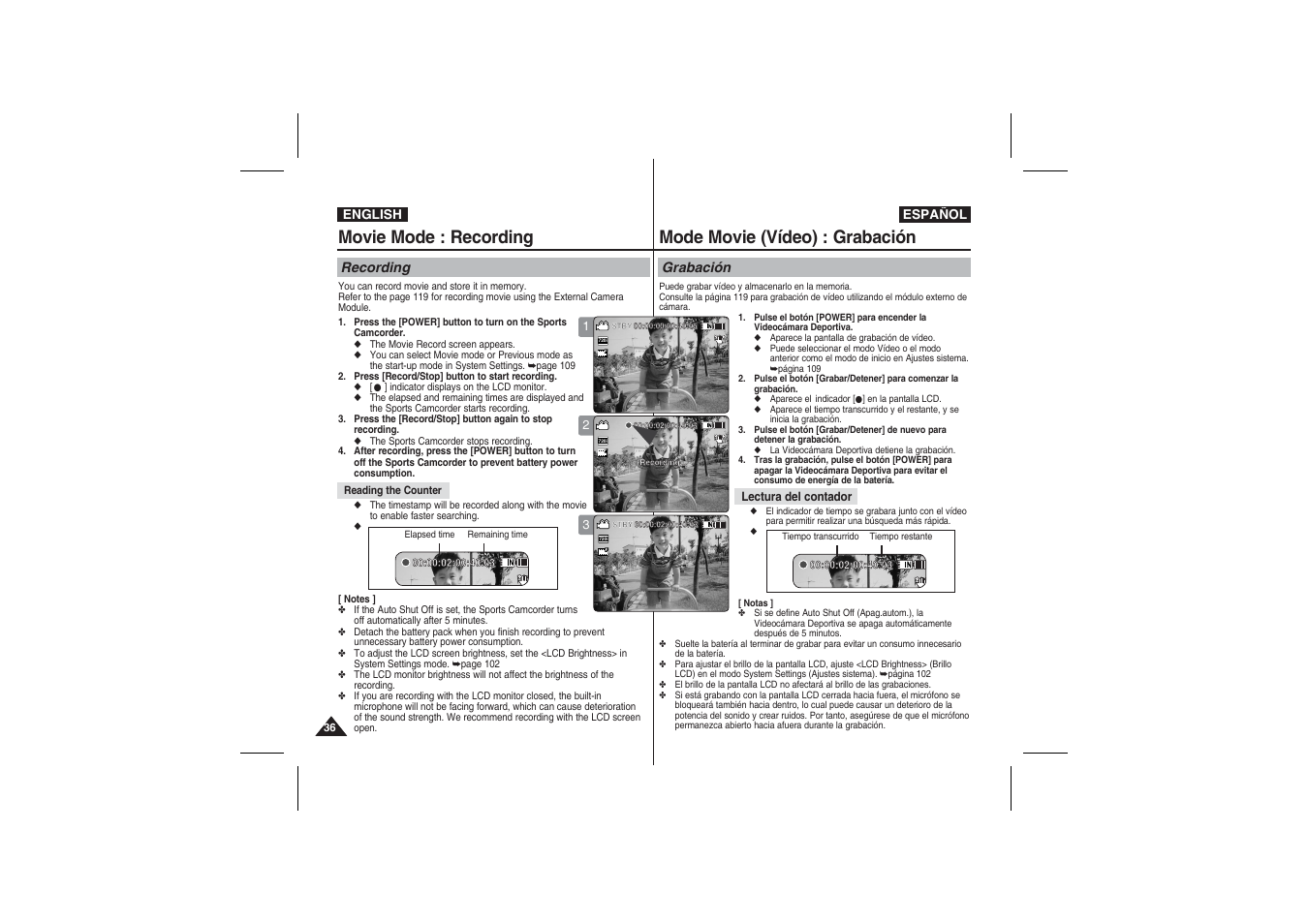 Movie mode : recording, Mode movie (vídeo) : grabación, Recording | Grabación | Samsung VP-X210L User Manual | Page 36 / 145