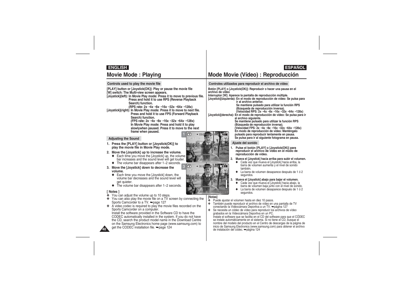 Movie mode : playing, Mode movie (vídeo) : reproducción | Samsung VP-X210L User Manual | Page 40 / 145