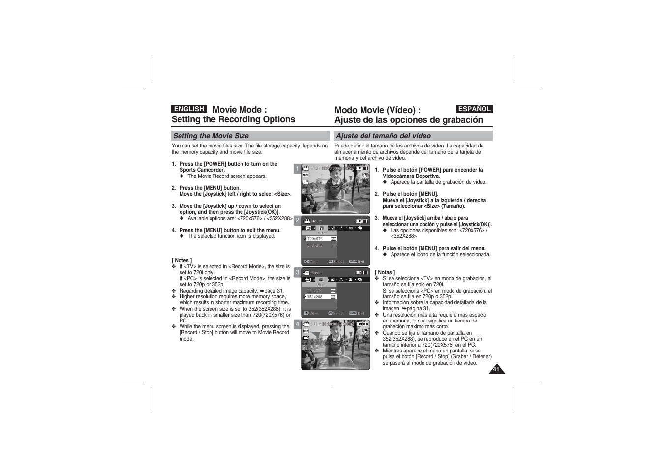 Movie mode : setting the recording options, Setting the movie size, Ajuste del tamaño del vídeo | Samsung VP-X210L User Manual | Page 41 / 145