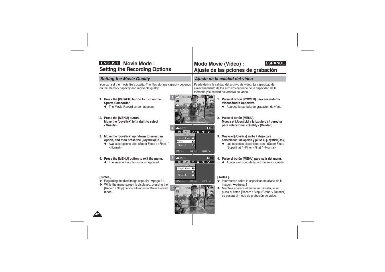 Movie mode : setting the recording options, Setting the movie quality, Ajuste de la calidad del vídeo | Samsung VP-X210L User Manual | Page 42 / 145