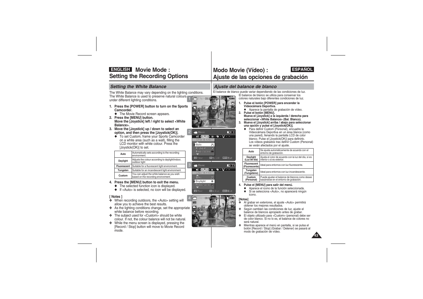 Movie mode : setting the recording options, Setting the white balance, Ajuste del balance de blanco | Samsung VP-X210L User Manual | Page 43 / 145