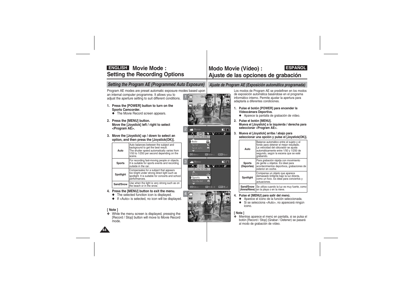 Auto, Movie mode : setting the recording options, Setting the program ae (programmed auto exposure) | Samsung VP-X210L User Manual | Page 44 / 145