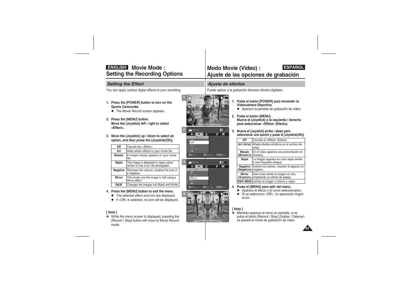 Movie mode : setting the recording options, Setting the effect, Ajuste de efectos | Samsung VP-X210L User Manual | Page 45 / 145