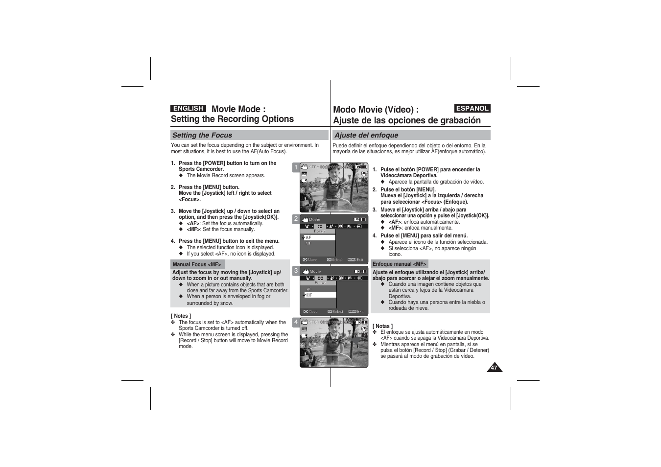 Movie mode : setting the recording options, Setting the focus, Ajuste del enfoque | Samsung VP-X210L User Manual | Page 47 / 145