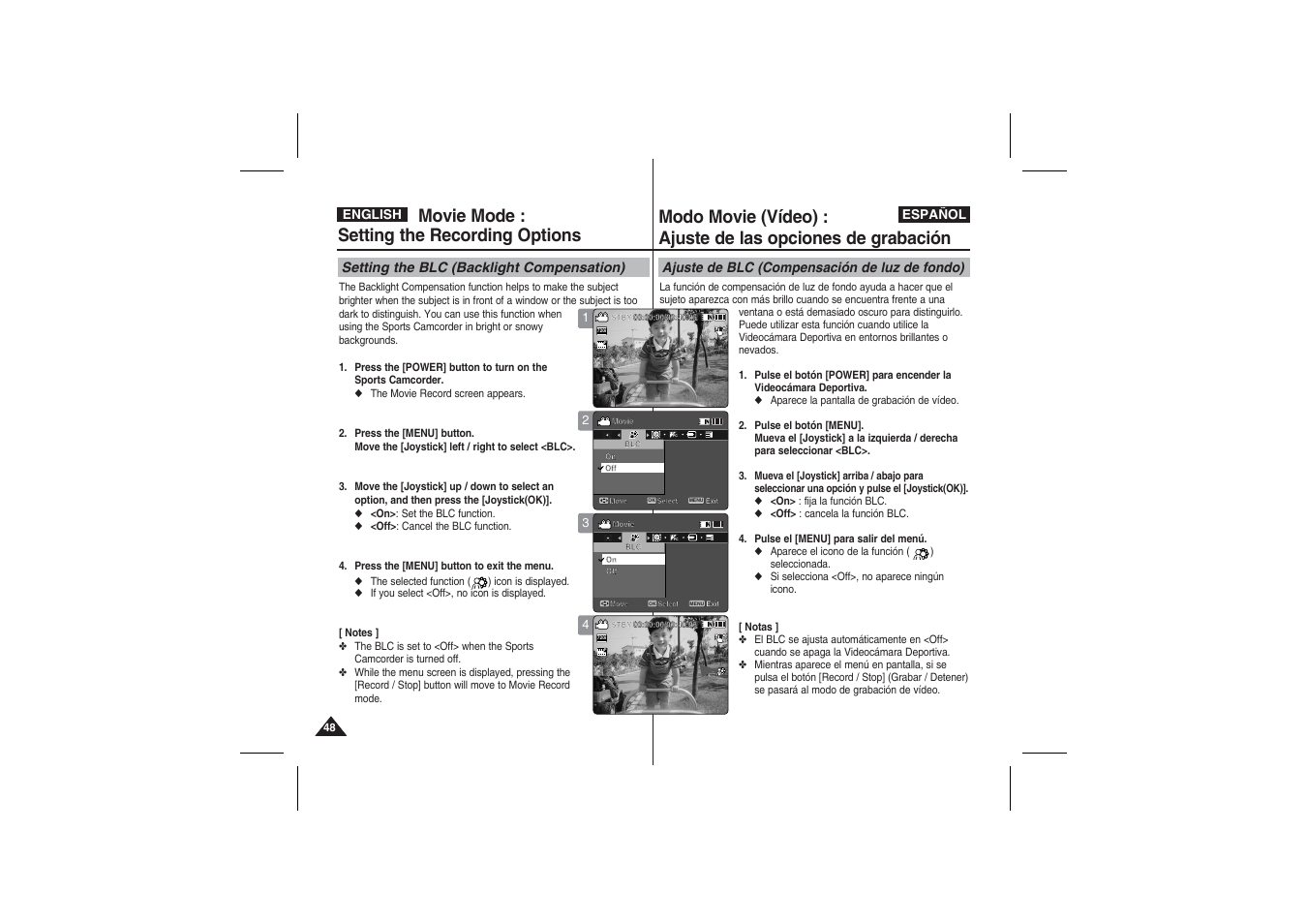 Movie mode : setting the recording options, Setting the blc (backlight compensation), Ajuste de blc (compensación de luz de fondo) | Samsung VP-X210L User Manual | Page 48 / 145