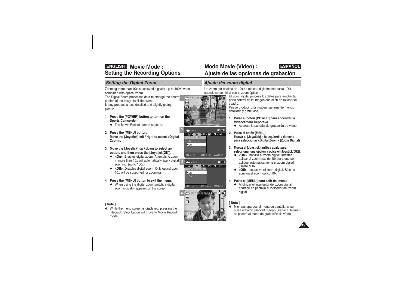 Movie mode : setting the recording options, Setting the digital zoom, Ajuste del zoom digital | Samsung VP-X210L User Manual | Page 49 / 145