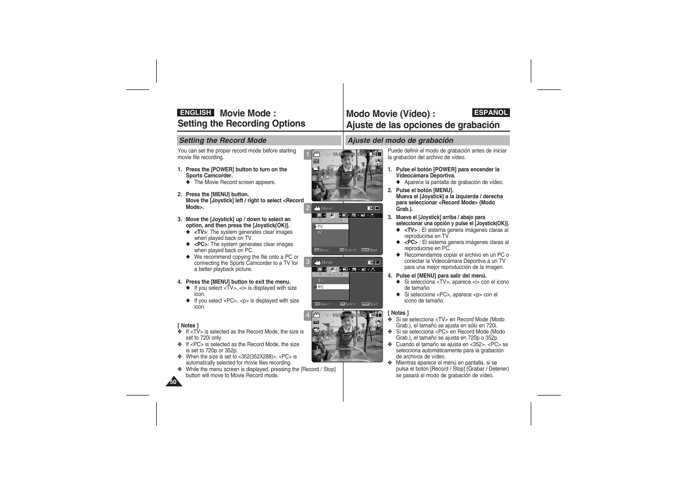 Movie mode : setting the recording options, Setting the record mode, Ajuste del modo de grabación | Samsung VP-X210L User Manual | Page 50 / 145