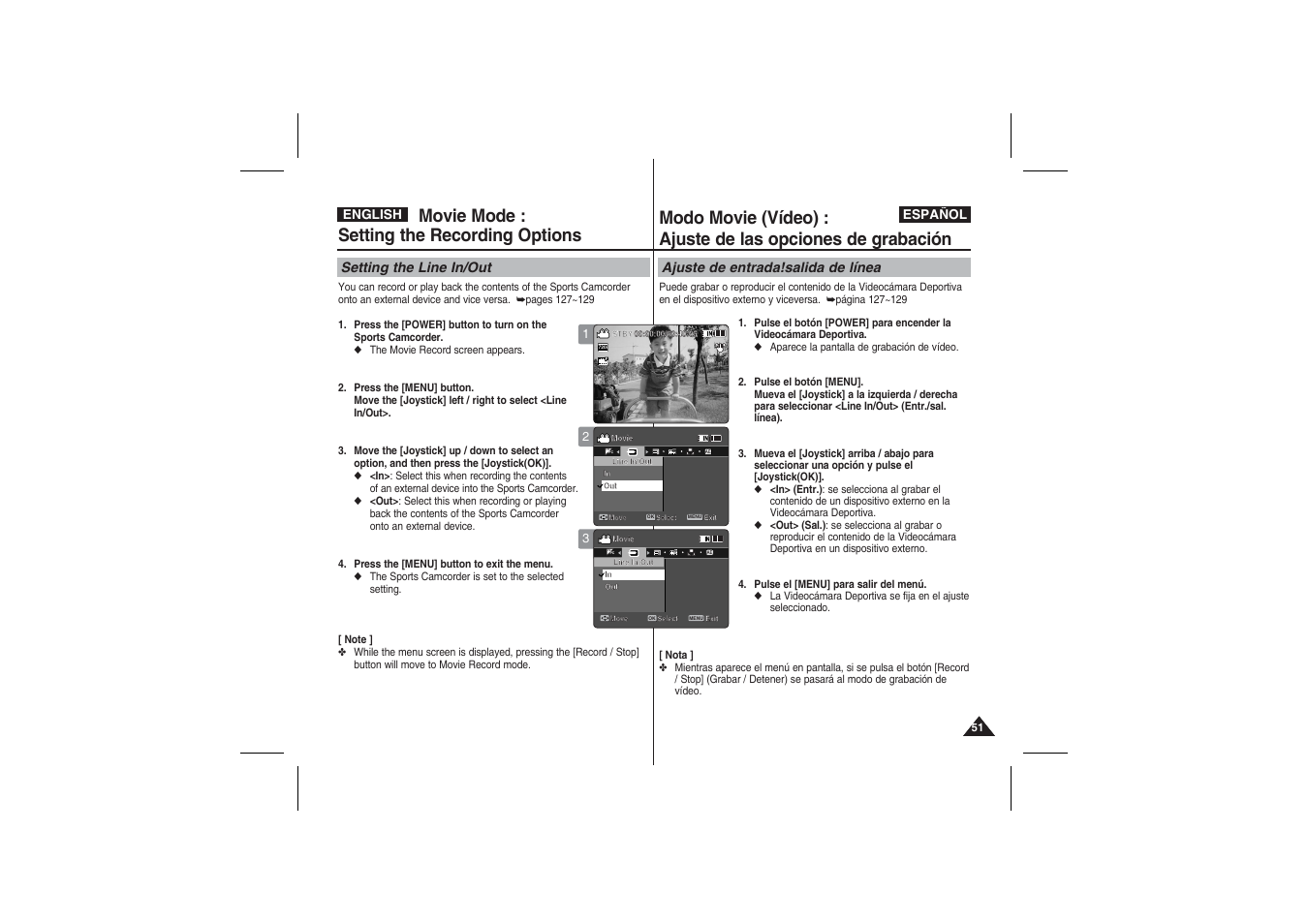 Movie mode : setting the recording options, Setting the line in/out, Ajuste de entrada!salida de línea | Samsung VP-X210L User Manual | Page 51 / 145