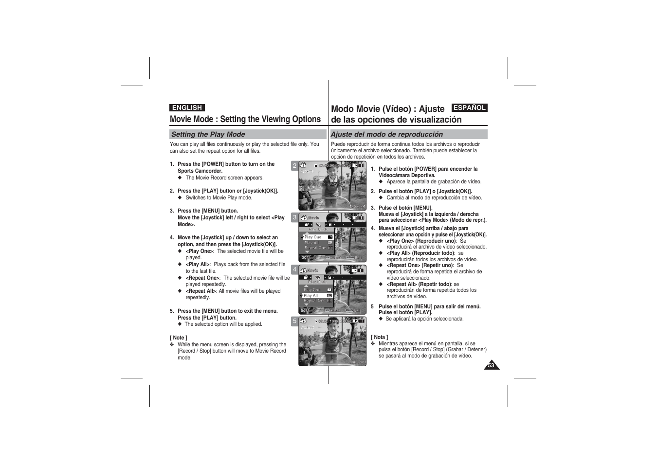 Movie mode : setting the viewing options, Setting the play mode, Ajuste del modo de reproducción | Samsung VP-X210L User Manual | Page 53 / 145