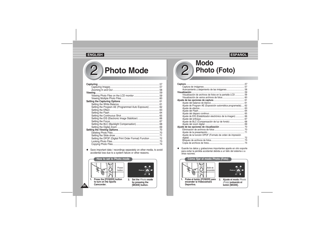 Photo mode, Modo photo (foto) | Samsung VP-X210L User Manual | Page 56 / 145