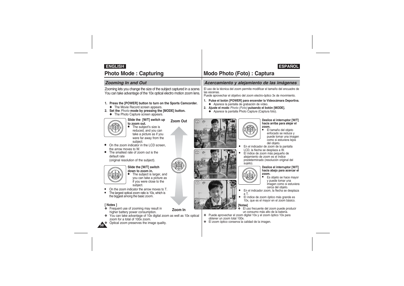 Photo mode : capturing, Modo photo (foto) : captura, Zooming in and out | Acercamiento y alejamiento de las imágenes | Samsung VP-X210L User Manual | Page 58 / 145