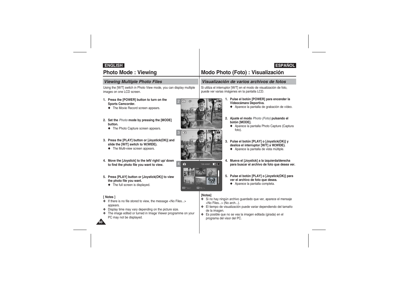 Photo mode : viewing, Modo photo (foto) : visualización | Samsung VP-X210L User Manual | Page 60 / 145