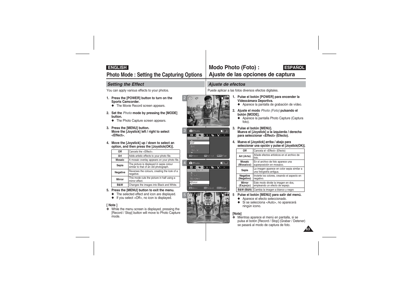 Photo mode : setting the capturing options, Setting the effect, Ajuste de efectos | Samsung VP-X210L User Manual | Page 63 / 145