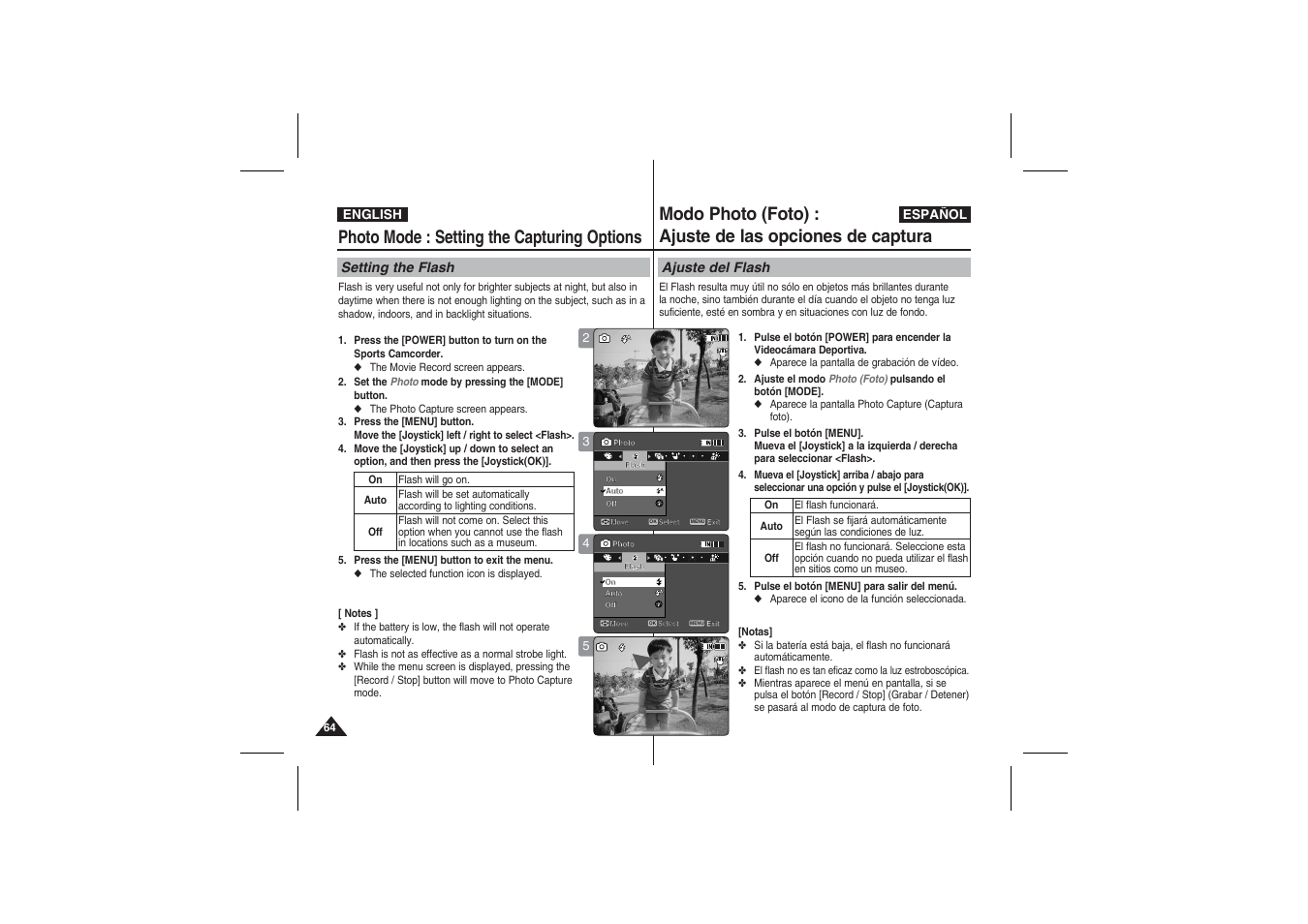 Photo mode : setting the capturing options, Setting the flash, Ajuste del flash | Samsung VP-X210L User Manual | Page 64 / 145