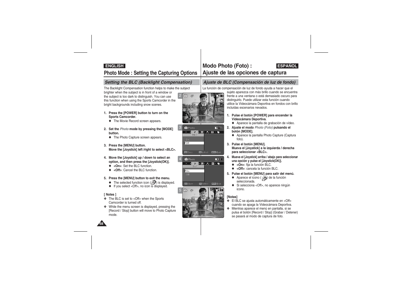 Photo mode : setting the capturing options, Setting the blc (backlight compensation), Ajuste de blc (compensación de luz de fondo) | Samsung VP-X210L User Manual | Page 68 / 145