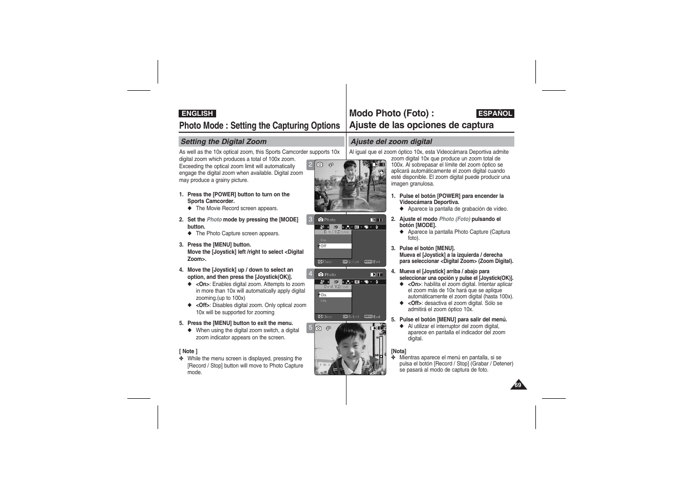 Photo mode : setting the capturing options, Setting the digital zoom, Ajuste del zoom digital | Samsung VP-X210L User Manual | Page 69 / 145