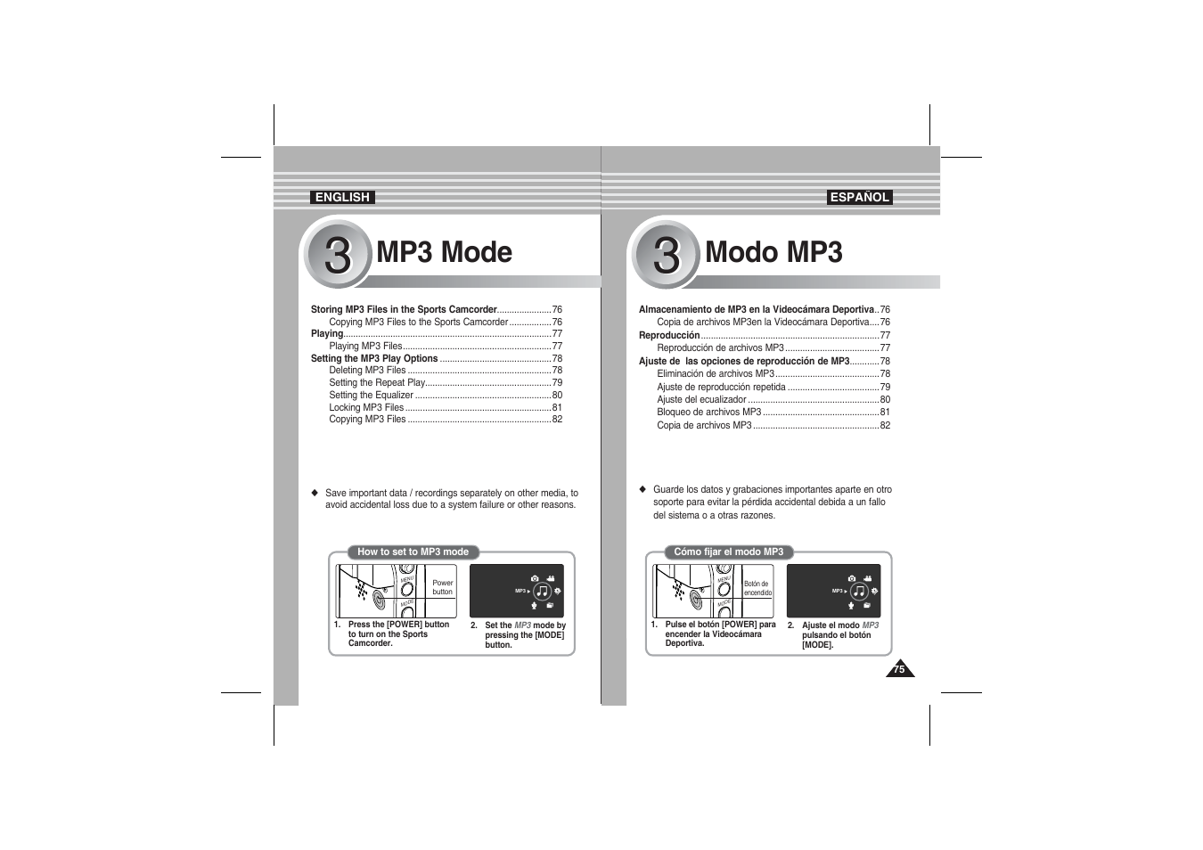 Mp3 mode, Modo mp3 | Samsung VP-X210L User Manual | Page 75 / 145