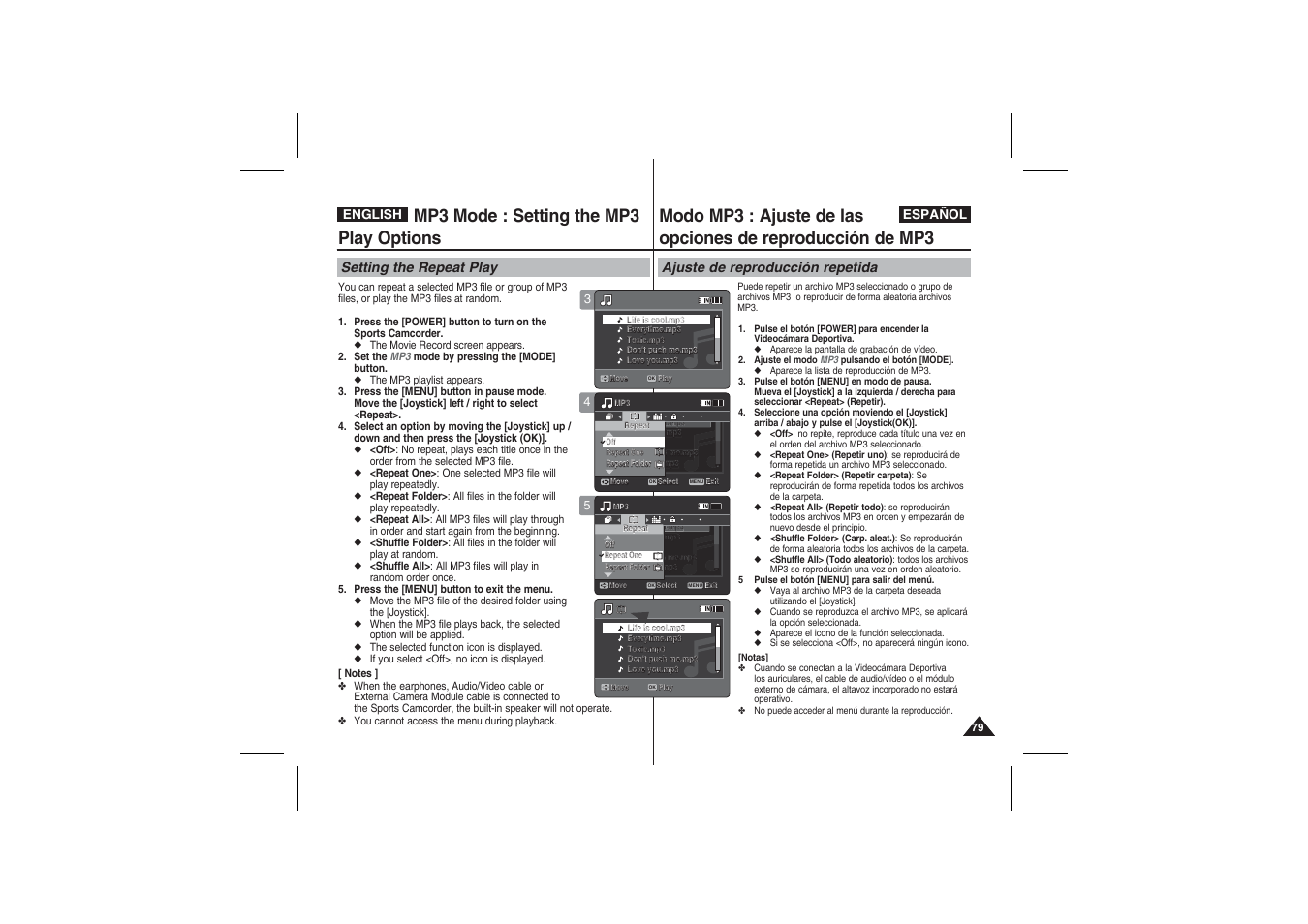 Mp3 mode : setting the mp3 play options | Samsung VP-X210L User Manual | Page 79 / 145