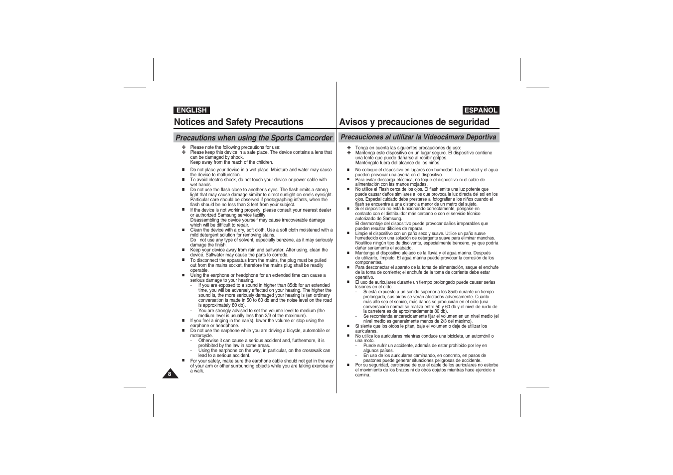 Notices and safety precautions, Avisos y precauciones de seguridad, Precautions when using the sports camcorder | Precauciones al utilizar la videocámara deportiva | Samsung VP-X210L User Manual | Page 8 / 145