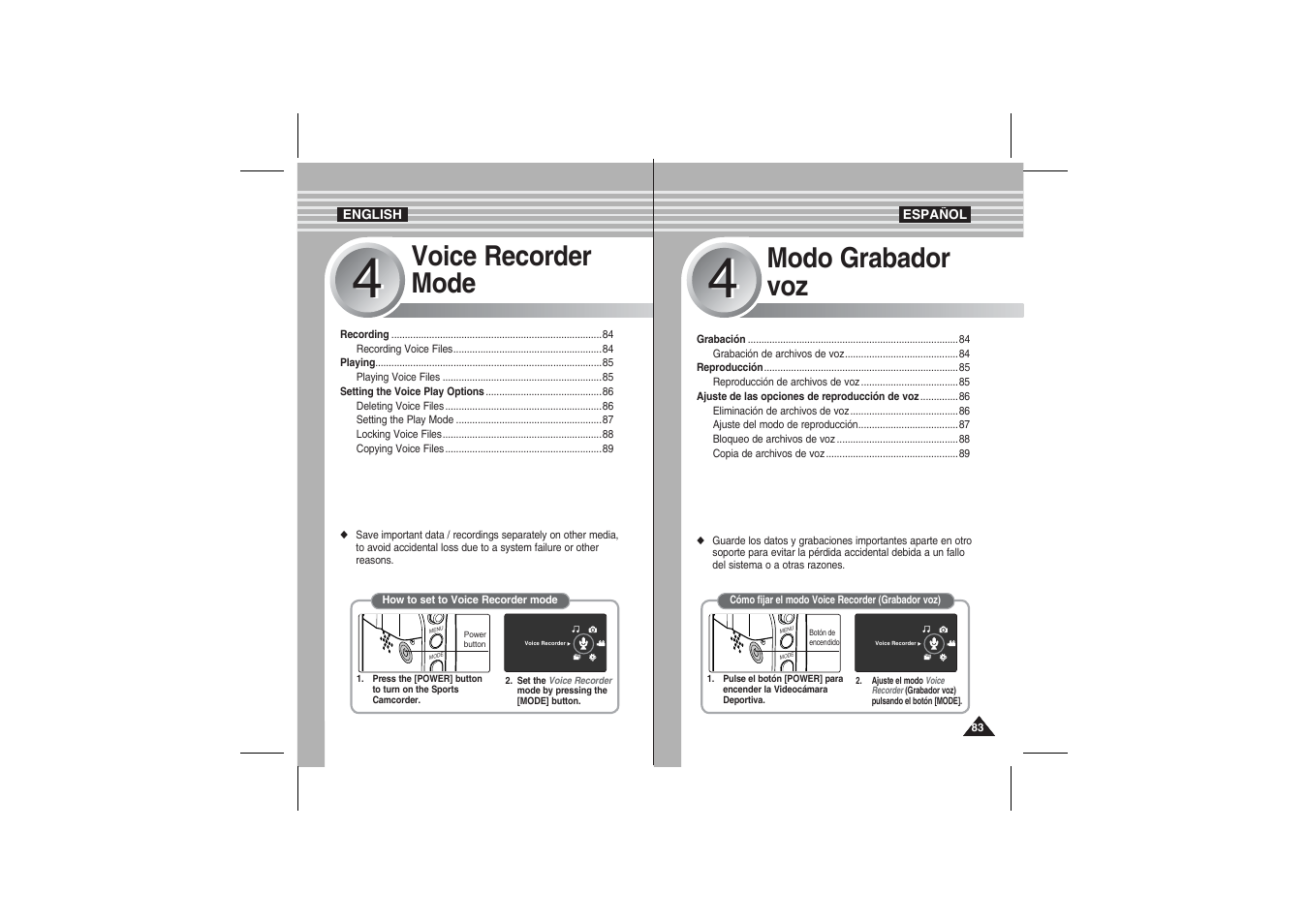 Voice recorder mode, Modo grabador voz | Samsung VP-X210L User Manual | Page 83 / 145