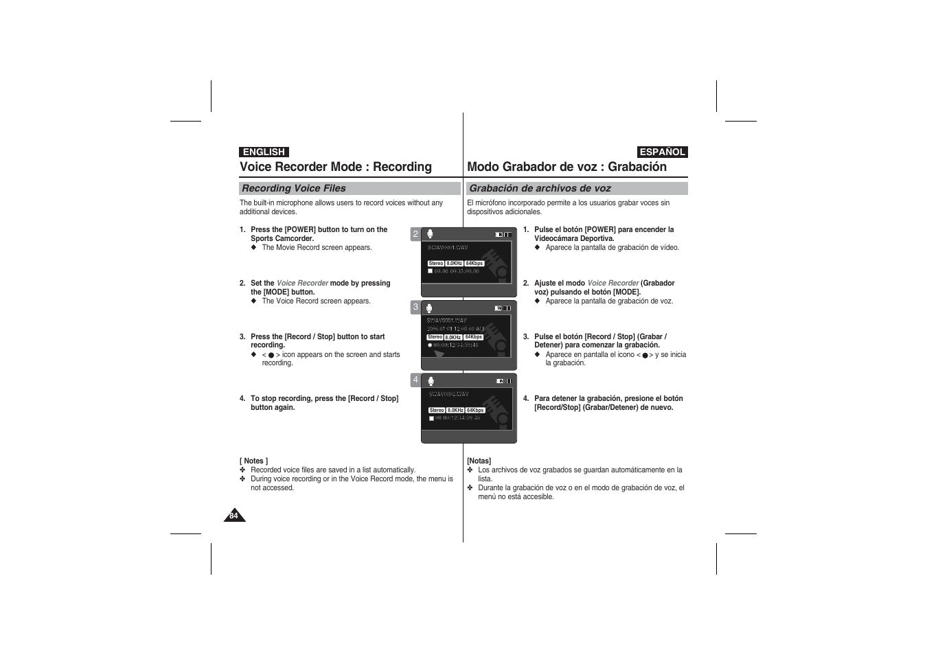 Voice recorder mode : recording, Modo grabador de voz : grabación | Samsung VP-X210L User Manual | Page 84 / 145