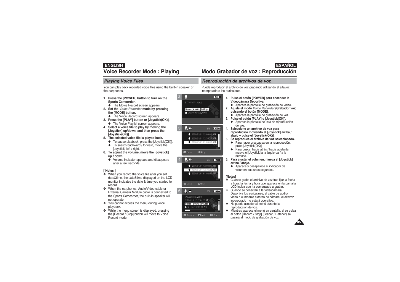 Voice recorder mode : playing, Modo grabador de voz : reproducción | Samsung VP-X210L User Manual | Page 85 / 145