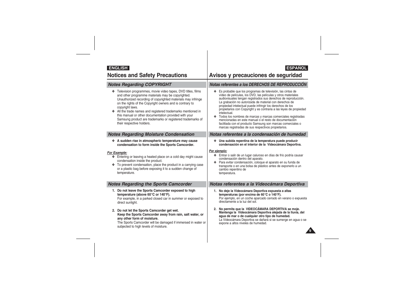 Notices and safety precautions, Avisos y precauciones de seguridad | Samsung VP-X210L User Manual | Page 9 / 145