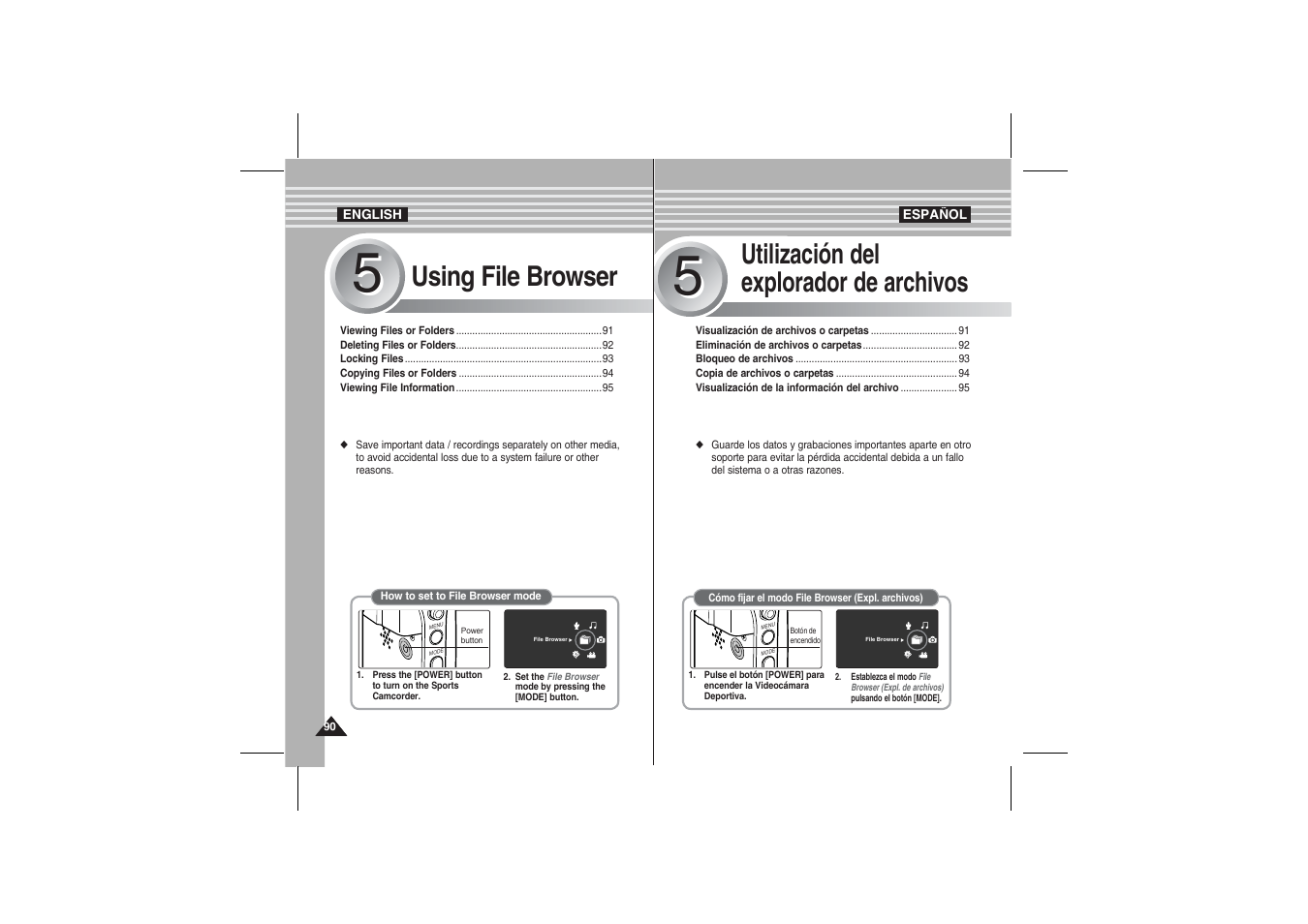 Using file browser, Utilización del explorador de archivos | Samsung VP-X210L User Manual | Page 90 / 145