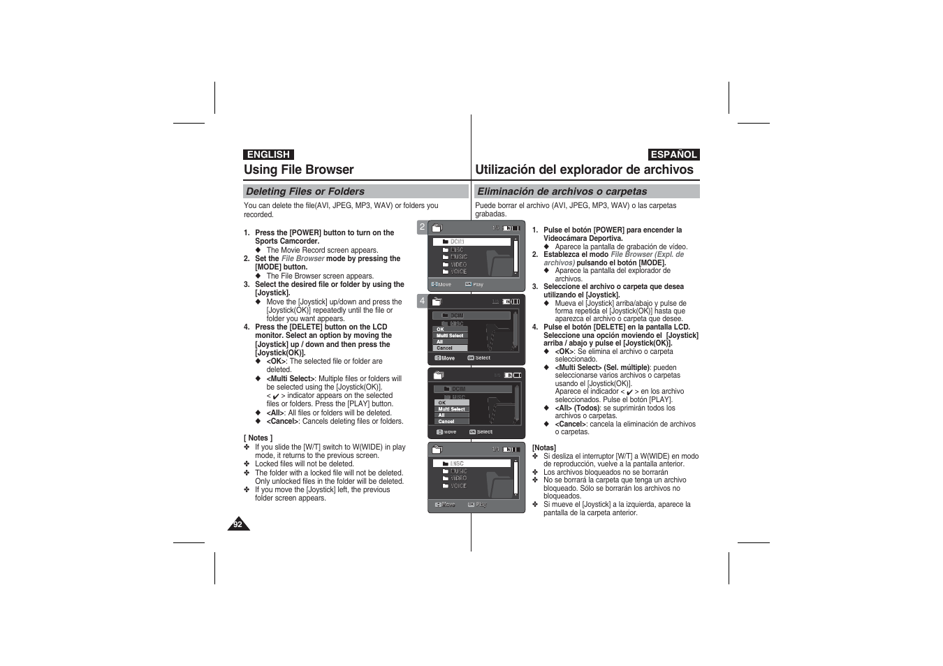 Using file browser, Utilización del explorador de archivos | Samsung VP-X210L User Manual | Page 92 / 145