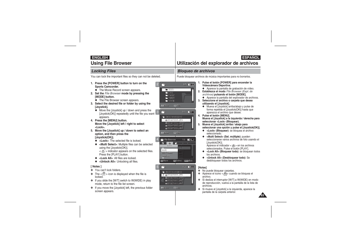 Using file browser, Utilización del explorador de archivos, Locking files | Bloqueo de archivos | Samsung VP-X210L User Manual | Page 93 / 145