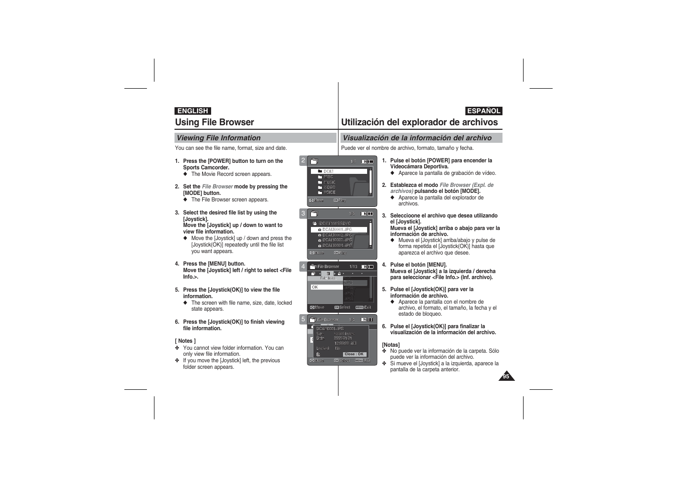 Using file browser, Utilización del explorador de archivos, Viewing file information | Visualización de la información del archivo | Samsung VP-X210L User Manual | Page 95 / 145