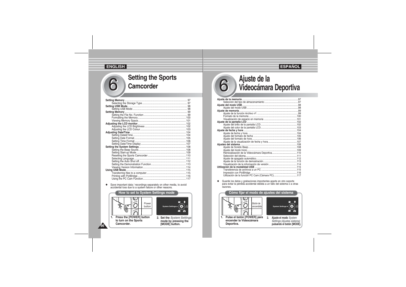 Ajuste de la videocámara deportiva, Setting the sports camcorder | Samsung VP-X210L User Manual | Page 96 / 145