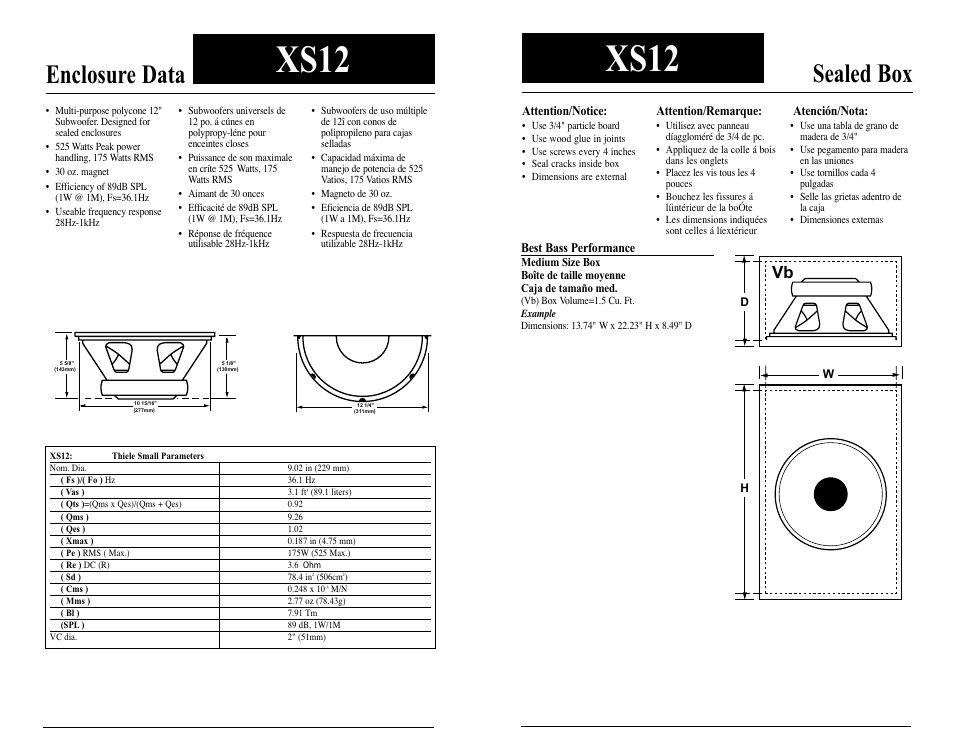 Xs12, Sealed box, Enclosure data | Audiovox XS10 User Manual | Page 2 / 4