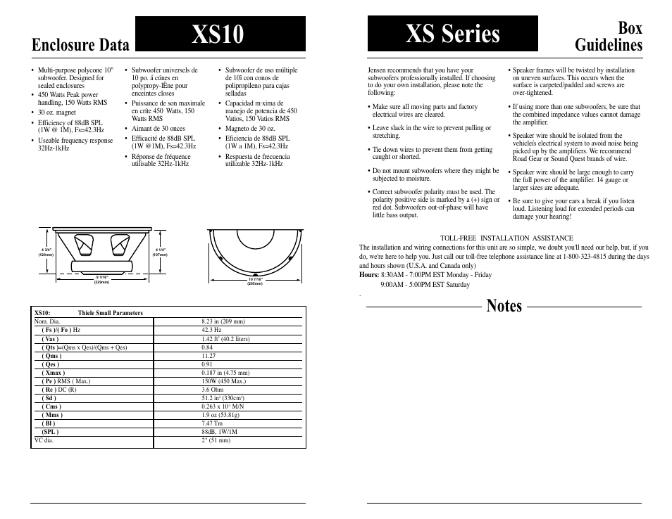 Xs series, Xs10, Box guidelines | Enclosure data | Audiovox XS10 User Manual | Page 3 / 4