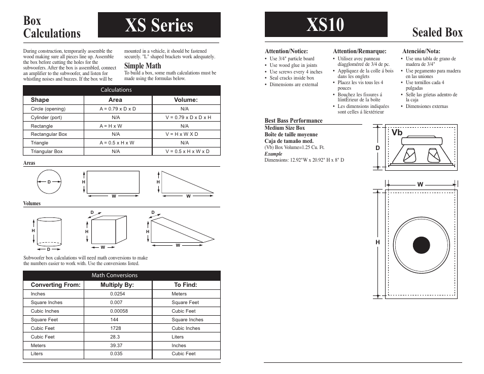 Xs series, Xs10, Box calculations | Sealed box, Simple math | Audiovox XS10 User Manual | Page 4 / 4