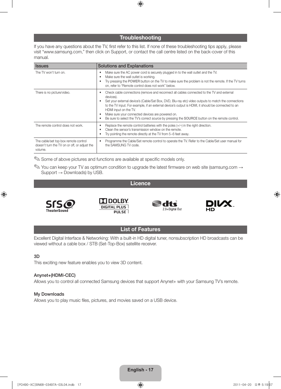 Troubleshooting, Licence list of features | Samsung PS51D490A1W User Manual | Page 17 / 74